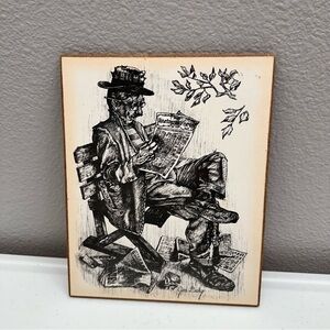 Vintage Jim Daly Hobo Reading Racing Forum Black and White Sketch Art
